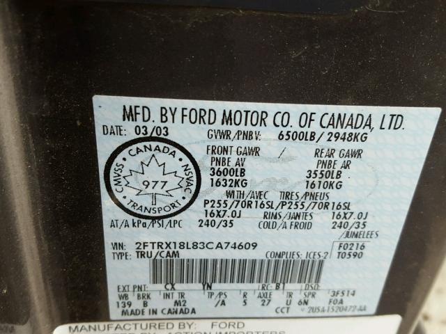 2FTRX18L83CA74609 - 2003 FORD F150 GRAY photo 10