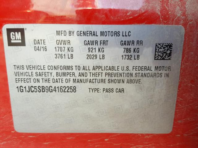 1G1JC5SB9G4162258 - 2016 CHEVROLET SONIC LT RED photo 10