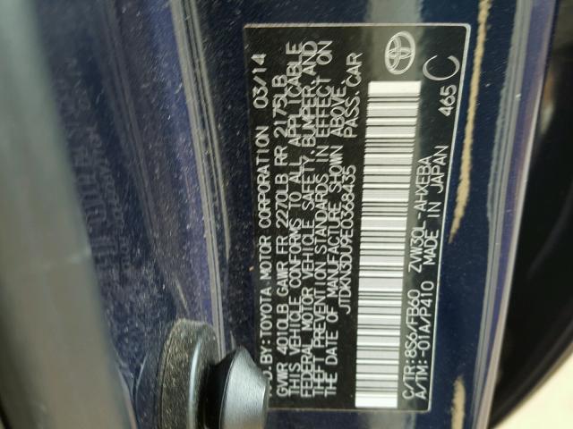 JTDKN3DU9E0368435 - 2014 TOYOTA PRIUS BLUE photo 10