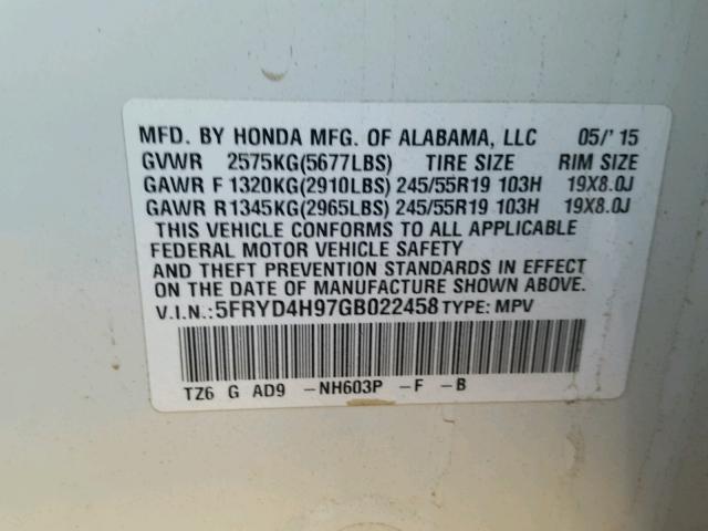 5FRYD4H97GB022458 - 2016 ACURA MDX ADVANC WHITE photo 10