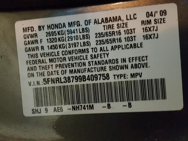 5FNRL38799B409758 - 2009 HONDA ODYSSEY EX GRAY photo 10