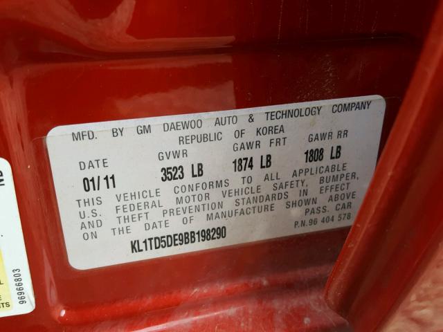 KL1TD5DE9BB198290 - 2011 CHEVROLET AVEO LS RED photo 10