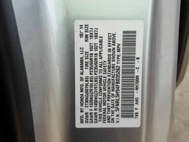 5FNRL5H94FB035262 - 2015 HONDA ODYSSEY TO SILVER photo 10