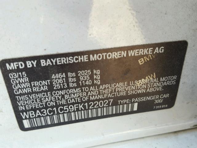 WBA3C1C59FK122027 - 2015 BMW 328 I SULE WHITE photo 10