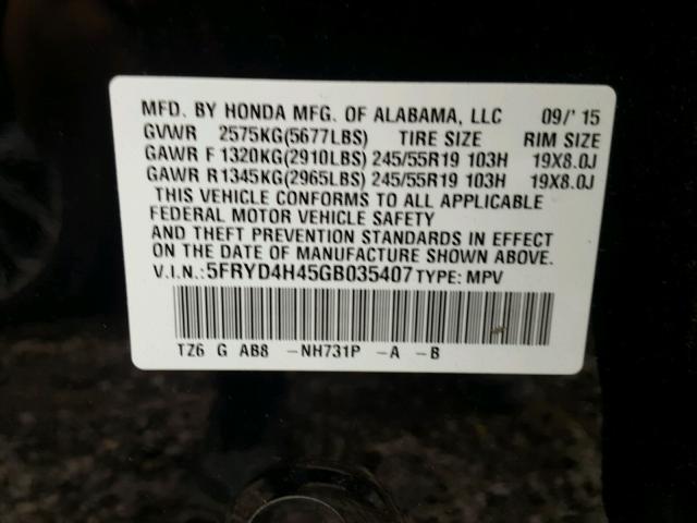 5FRYD4H45GB035407 - 2016 ACURA MDX TECHNO BLACK photo 10