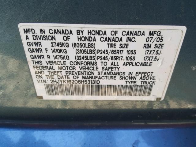 2HJYK16206H531310 - 2006 HONDA RIDGELINE BLUE photo 10