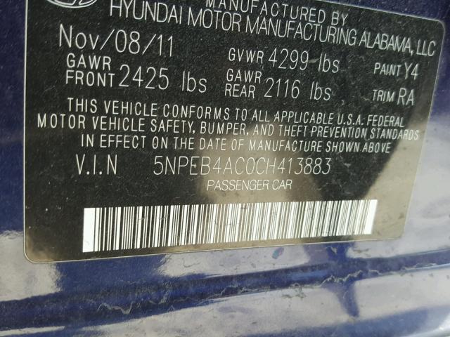 5NPEB4AC0CH413883 - 2012 HYUNDAI SONATA GLS BLUE photo 10