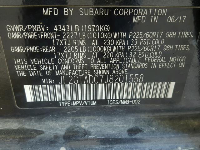 JF2GTADC7J8201558 - 2018 SUBARU CROSSTREK GRAY photo 10