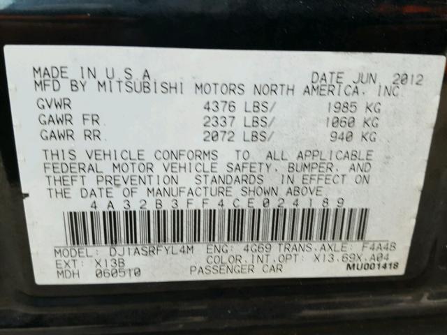 4A32B3FF4CE024189 - 2012 MITSUBISHI GALANT ES BLACK photo 10