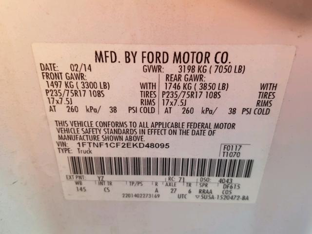 1FTNF1CF2EKD48095 - 2014 FORD F150 WHITE photo 10