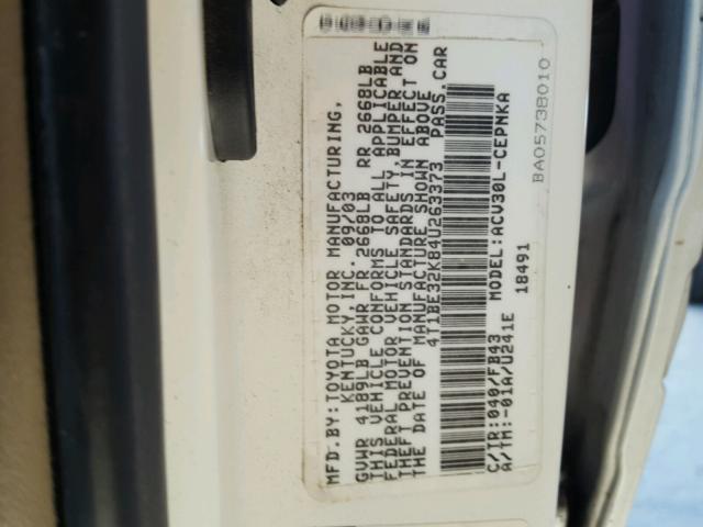 4T1BE32K84U263373 - 2004 TOYOTA CAMRY LE WHITE photo 10