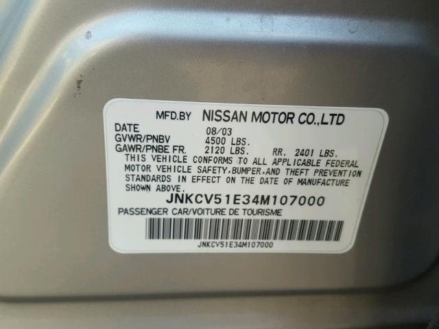 JNKCV51E34M107000 - 2004 INFINITI G35 SILVER photo 10