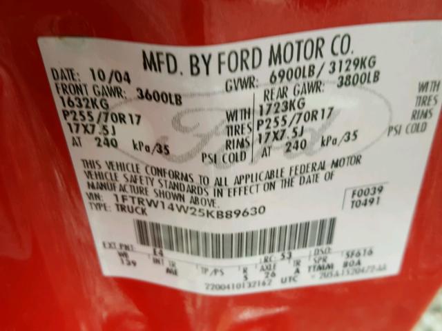 1FTRW14W25KB89630 - 2005 FORD F150 SUPER RED photo 10