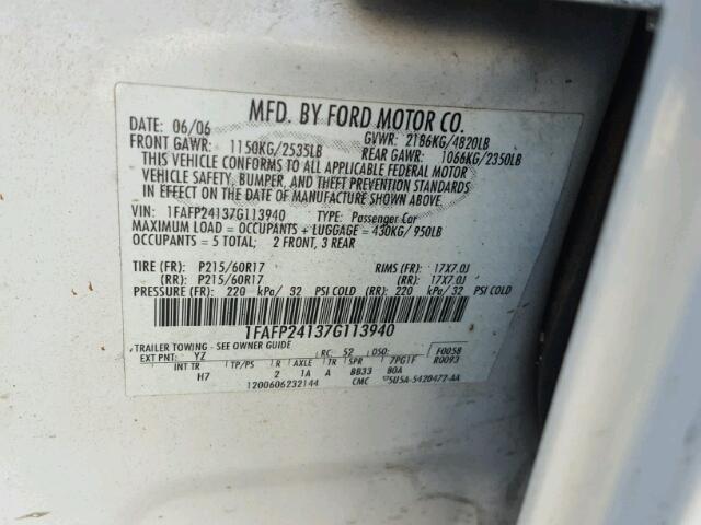 1FAFP24137G113940 - 2007 FORD FIVE HUNDR WHITE photo 10