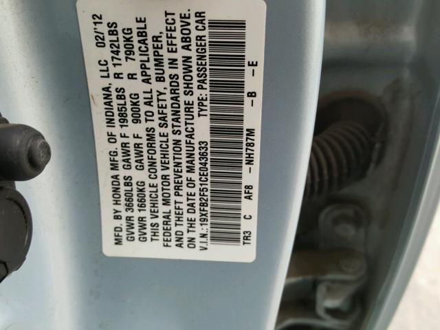 19XFB2F51CE043633 - 2012 HONDA CIVIC LX BLUE photo 10