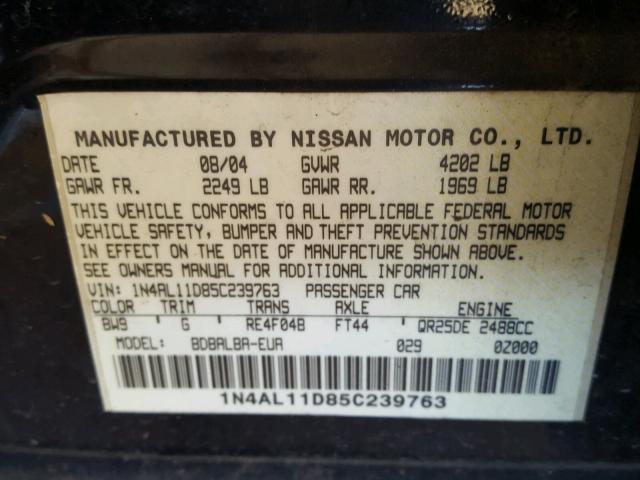 1N4AL11D85C239763 - 2005 NISSAN ALTIMA S BLUE photo 10