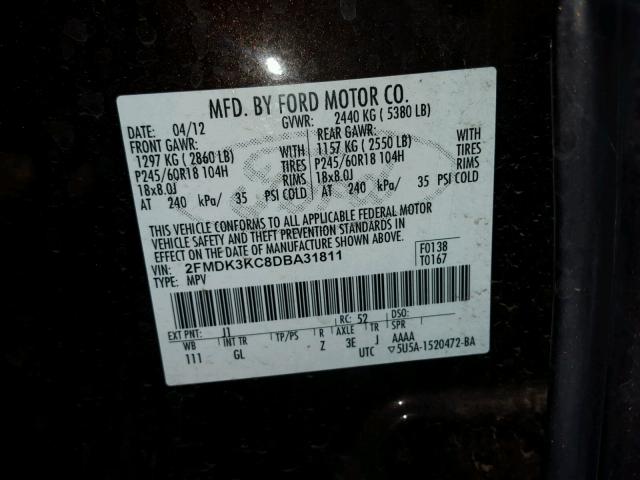 2FMDK3KC8DBA31811 - 2013 FORD EDGE LIMIT BLACK photo 10