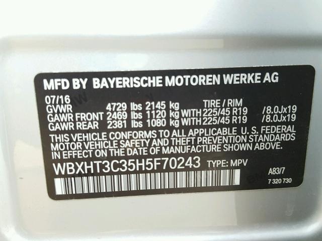 WBXHT3C35H5F70243 - 2017 BMW X1 XDRIVE2 SILVER photo 10