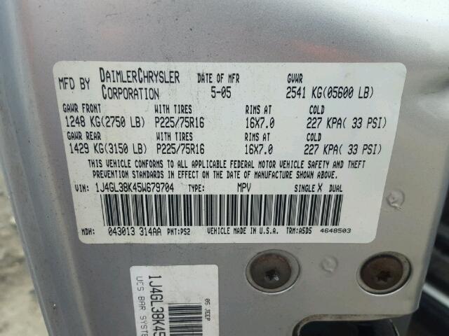 1J4GL38K45W679704 - 2005 JEEP LIBERTY RE SILVER photo 10