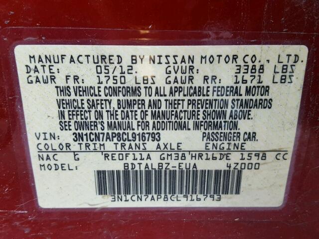 3N1CN7AP8CL916793 - 2012 NISSAN VERSA S RED photo 10