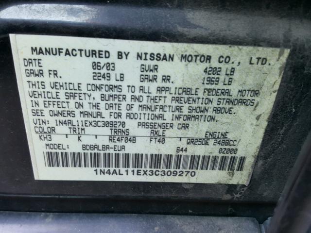 1N4AL11EX3C309270 - 2003 NISSAN ALTIMA BAS BLACK photo 10