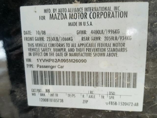 1YVHP82A095M26090 - 2009 MAZDA 6 I BLACK photo 10