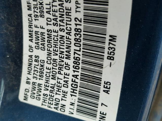 1HGFA16867L083812 - 2007 HONDA CIVIC EX BLUE photo 10