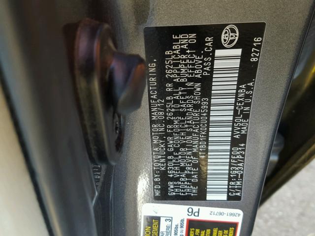 4T1BD1FK0CU045993 - 2012 TOYOTA CAMRY HYBR GRAY photo 10