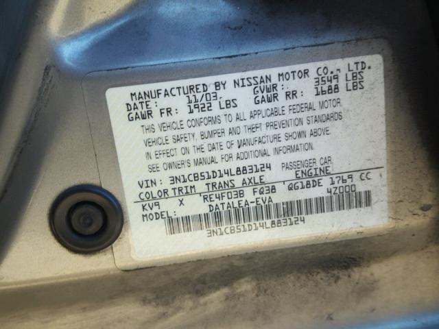 3N1CB51D14L883124 - 2004 NISSAN SENTRA 1.8 SILVER photo 10