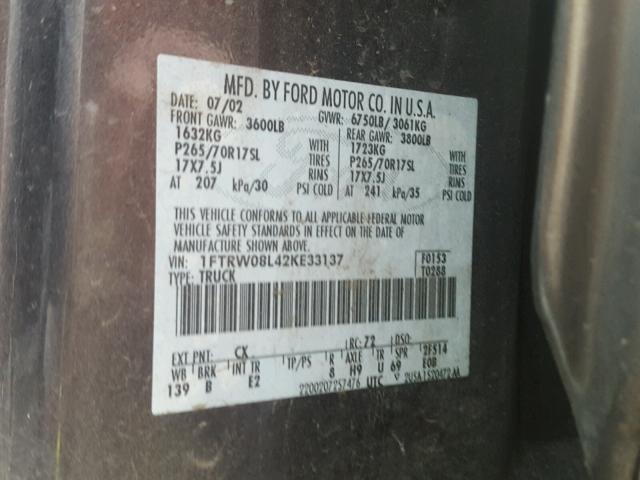 1FTRW08L42KE33137 - 2002 FORD F150 SUPER GRAY photo 10