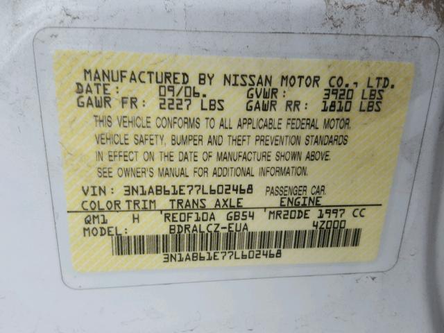 3N1AB61E77L602468 - 2007 NISSAN SENTRA 2.0 WHITE photo 10