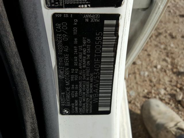 WBAAV53401FT00585 - 2001 BMW 330 I WHITE photo 10