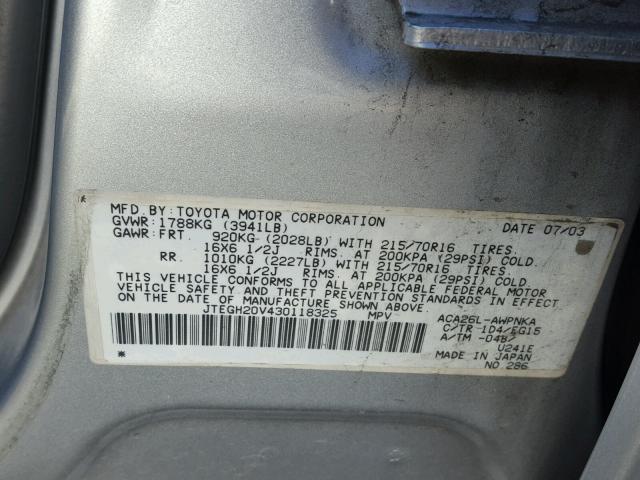 JTEGH20V430118325 - 2003 TOYOTA RAV4 SILVER photo 10