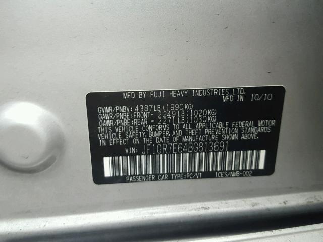 JF1GR7E64BG813691 - 2011 SUBARU IMPREZA WR SILVER photo 10