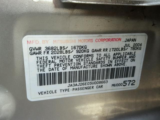 JA3AJ26E05U008663 - 2005 MITSUBISHI LANCER ES SILVER photo 10