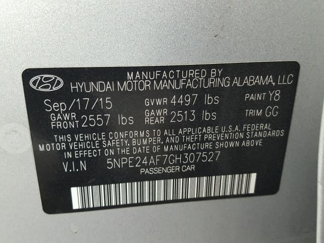 5NPE24AF7GH307527 - 2016 HYUNDAI SONATA SE SILVER photo 10