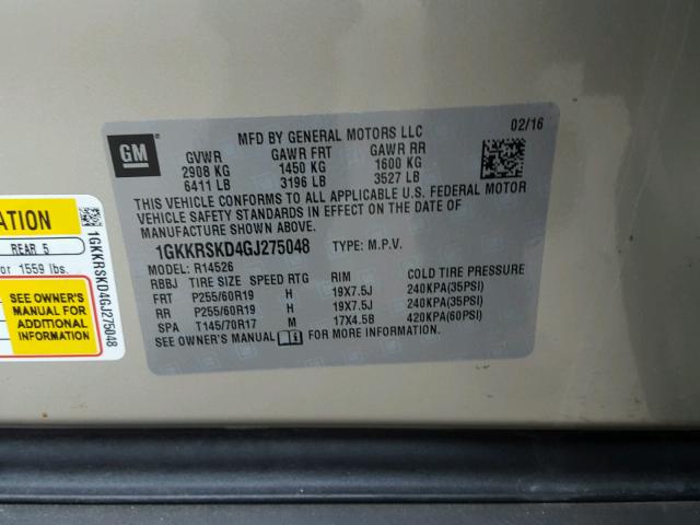 1GKKRSKD4GJ275048 - 2016 GMC ACADIA SLT Qızıl foto 10