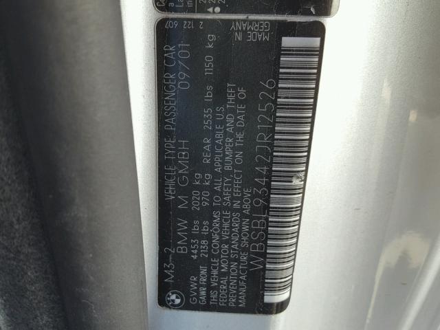 WBSBL93442JR12526 - 2002 BMW M3 GRAY photo 10