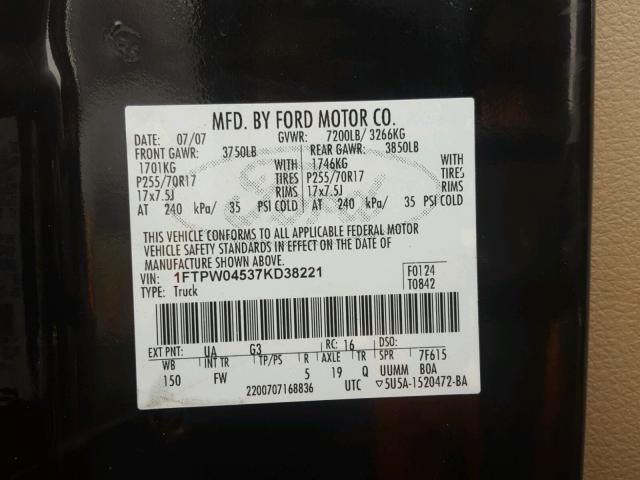 1FTPW04537KD38221 - 2007 FORD F150 SUPER BLACK photo 10