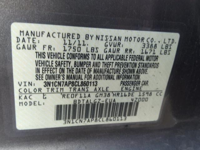 3N1CN7AP8CL860113 - 2012 NISSAN VERSA S GRAY photo 10