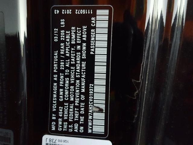 WVWFW7AH2CV019372 - 2012 VOLKSWAGEN EOS LUX 黑色 照片 10