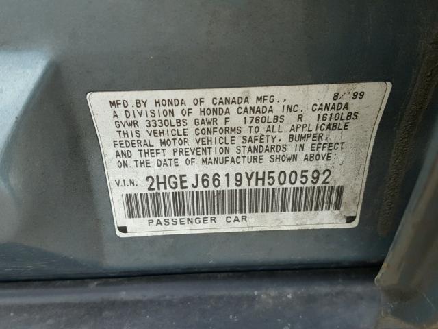 2HGEJ6619YH500592 - 2000 HONDA CIVIC BASE BLUE photo 10