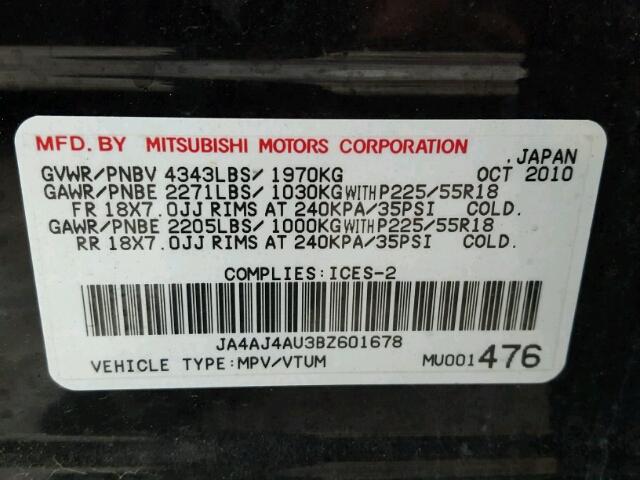 JA4AJ4AU3BZ601678 - 2011 MITSUBISHI RVR GT BLACK photo 10