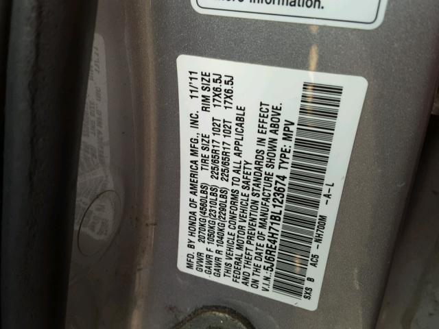 5J6RE4H71BL123674 - 2011 HONDA CR-V EXL SILVER photo 10