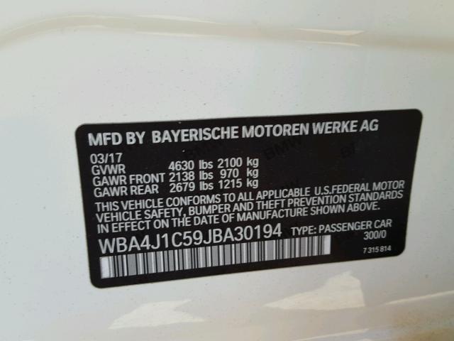 WBA4J1C59JBA30194 - 2018 BMW 430I GRAN WHITE photo 10