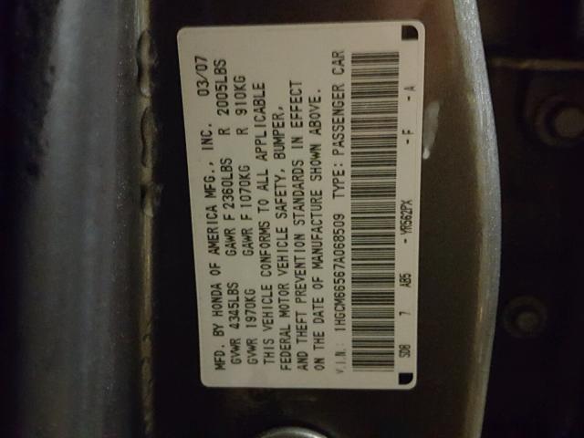 1HGCM66567A068509 - 2007 HONDA ACCORD EX GRAY photo 10