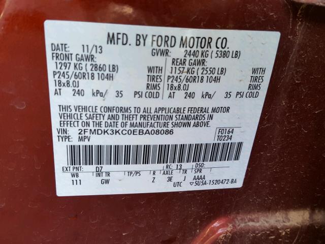 2FMDK3KC0EBA08086 - 2014 FORD EDGE LIMIT MAROON photo 10