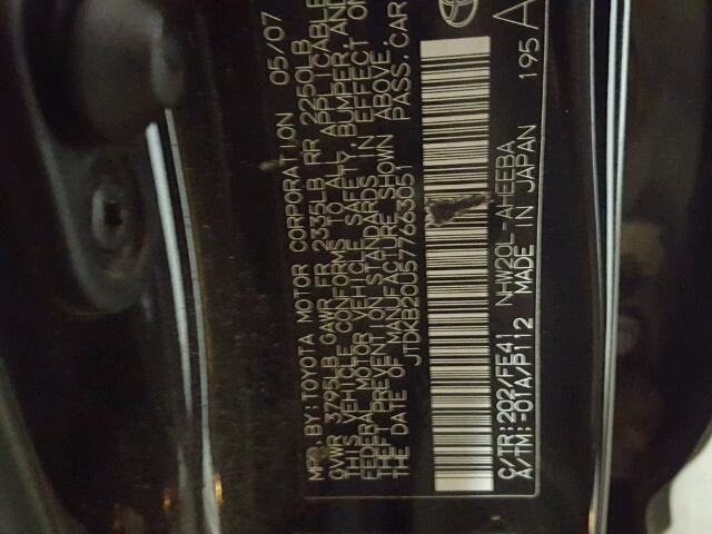 JTDKB20U577663051 - 2007 TOYOTA PRIUS BLACK photo 10