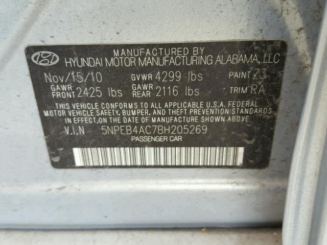 5NPEB4AC7BH205269 - 2011 HYUNDAI SONATA GLS BLUE photo 10