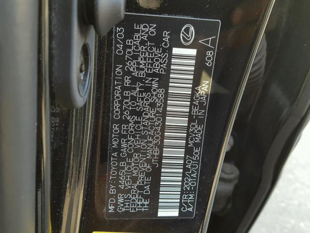 JTHBF30G430143588 - 2003 LEXUS ES 300 BLACK photo 10